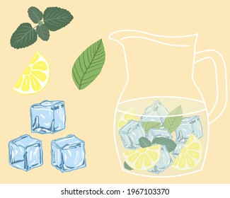 Jug with mint lemon ice lemonade. Flat style vector illustration of cool drink. Hand-drawn concept of cold beverage. Fresh citrus pitcher of mojito. Isolated pepper mint, leaves, lemon slice, ice cube