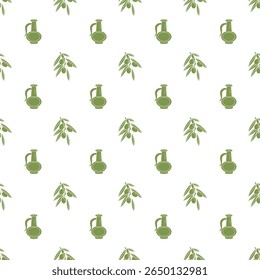 Jug of oil and olive branch with ripe fruits. Seamless pattern.