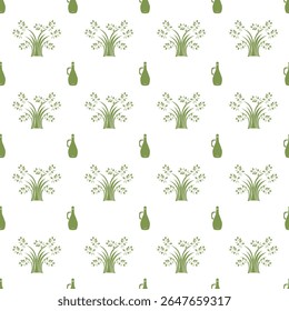 Jug of oil and olive tree. Seamless pattern. Vector illustration.