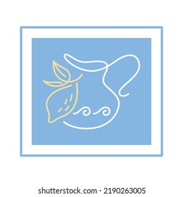 Jug for oil or wine and lemon in classical greek style, isolated blue banner with line art illustration.