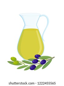 Jug of olive oil and olive branches with black and green olive fruits, isolated on white background, design element for harvest festival. Vector illustration