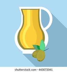 Jug of olive oil icon in flat style with long shadow. Production of olive oil symbol