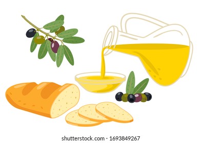 Jug of olive oil, olives, olive branches and white bread. Healthy food. Isolated vector illustration