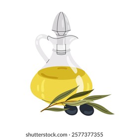 Jug of olive oil with twig black olives on white background. Ingredient for cooking. Greek cuisine. Culinary. Flat illustration.