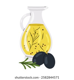 Jug olive oil with twig rosemary, black olives and spices on white background. Ingredient for cooking. Greek cuisine. Culinary. Flat illustration.