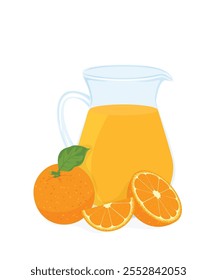 Garrafa de suco de laranja e frutas de laranja sobre fundo branco, ilustração de estoque