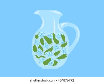 Jug with orange juice with ice and mint in flat design. Vector illustration.