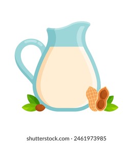 Jug of peanut milk. Flat icon isolated on white background. Dairy-free milk concept for vegan and lactose-intolerant consumers. Perfect for use in nutritional guides and plant-based product branding