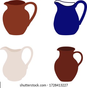 Krug, Pitcher, Glas, Sammlung von Symbolen auf einem weißen Hintergrund. Vektorgrafik. Geschirr für Getränke oder Flüssigkeiten.