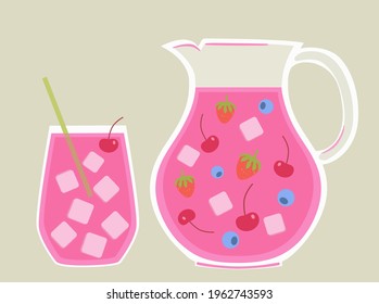 A jug or pitcher of refreshing healthy diet sweet berry juice with a glass, cherry, blueberry, ice