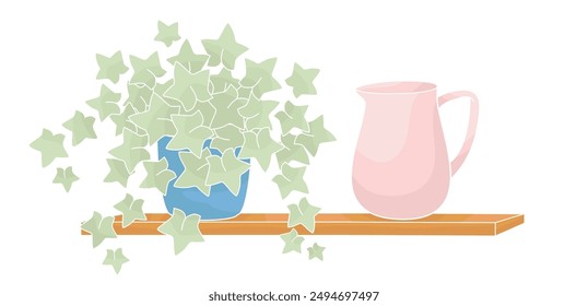 jug and potted houseplant on a shelf	