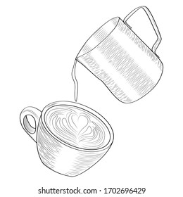 Jug pouring milk and making latte or cappuccino art coffee. Latte-art vector engraving illustration