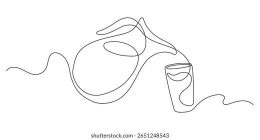 Jug pouring water, milk, or juce in glass. Continuous line drawing.