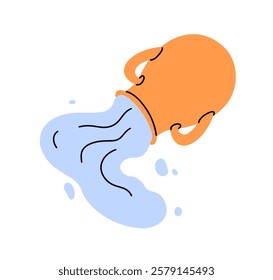 Jug pouring water out. Aqua flow, liquid stream, current, splashes from vessel, turned upside down. Spilling away. Aquarius, zodiac sign. Flat vector illustration isolated on white background