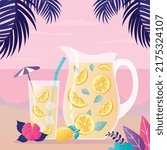 Jug of refreshing drink with fruit slices and ice on sea background. Glass of homemade lemonade garnished with small umbrella and straw. Cold lemon cocktail for summer time. Flat vector illustration