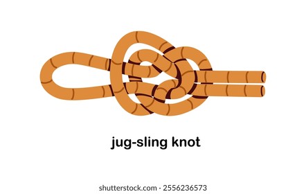 Jug sling, bottle knot tied with rope. Binding loop structure. Safe utility string, cord for attaching. Safety lace, twine construction. Flat vector illustration isolated on white background