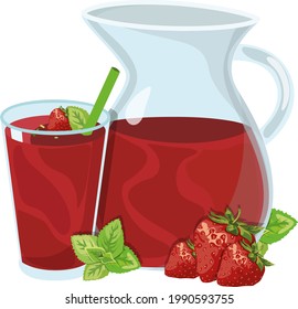 A jug of strawberry juice, strawberries and a glass of strawberry juice and mint, a vitamin-rich summer sweet drink