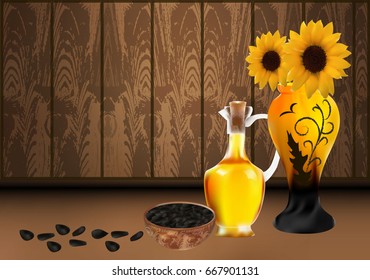 Jug of sunflower oil, vase with sunflowers and bowl of seeds. Wooden background. EPS 10 vector.