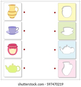 Jug, tea cup, jar and teapot. Educational game for kids. Choose the correct silhouettes on the opposite side and connect the points