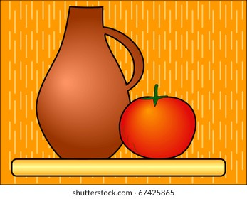 Jug with a tomato on a support on an orange background