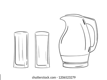 jug and two glasses, one empty and other full of water