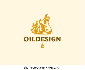 Jug with vegetable oil and flower. Vector illustration.

