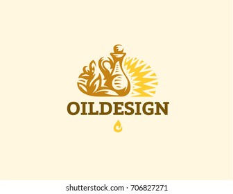 Jug with vegetable oil and flower. Vector illustration.