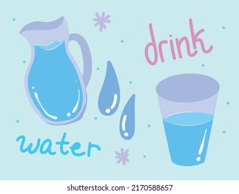 A jug of water and a cup of water vector illustration. Stay hydrated and drink water vector illustration with flat art cartoon style drawing. 