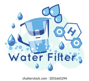 Jug water filter for purification and cleaning or liquid from tap. Decanter little home station for getting quality product. H2o filled with minerals, healthy consumption. Vector in flat style