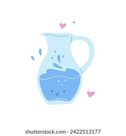 Jug of water, vector illustration drawn in flat cartoon style isolated on white background. Drinking water in a glass carafe, fresh blue liquid, healthy beverage. Simple design icon