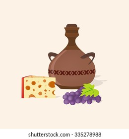 jug of wine, cheese and grapes