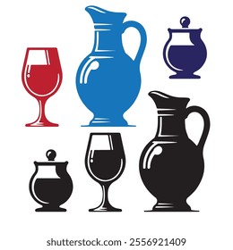 Jug, wine glass, pot silhouette vector illustration and color versions 