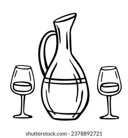 Jug for wine and wine glasses on a white background. Vector illustration.
