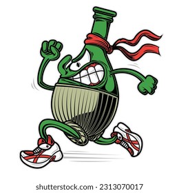 Jug of wine running. Glass bottle wearing a red bandana a running shoes, mascot of a running team. Sport illustration concept.
