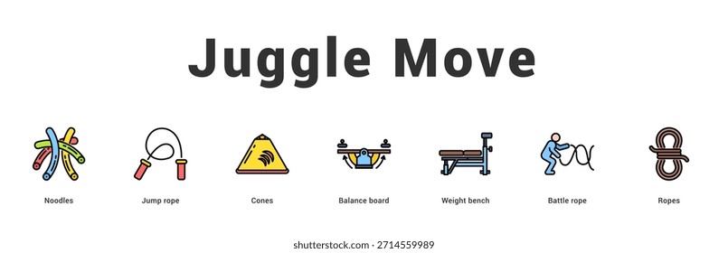 Juggle Move Ilustración de Anuncio de Web moderno y limpio con íconos temáticos para la comunicación visual