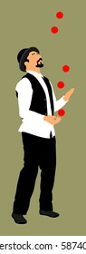 Juggler artist vector. Juggling with balls. Clown in circus jugging performs skill. Children birthday animator. Carnival attraction. Street performer acrobat public entertainment. Man skills
