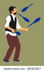 Juggler artist vector. Juggling with pins. Clown in circus jugging performs skill. Children birthday animator. Carnival attraction. Street performer acrobat public entertainment. Man skills