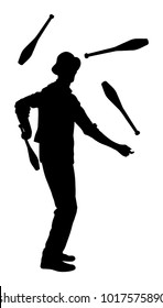 Juggler artist vector silhouette, Juggling with pins. Clown in circus jugging performs skill. Children birthday animator. Carnival attraction. Street performer acrobat public entertainment. Man skills