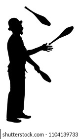 Juggler artist vector silhouette, Juggling with pins. Clown in circus jugging performs skill. Children birthday animator. Carnival attraction. Street performer acrobat public entertainment. Man skills