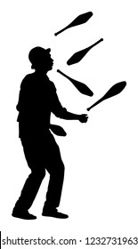 Juggler artist vector silhouette, Juggling with pins. Clown in circus jugging performs skill. Children birthday animator. Carnival attraction. Street performer acrobat public entertainment. Man skills