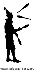 Juggler artist vector silhouette, Juggling with pins. Clown in circus jugging performs skill. Children birthday animator. Carnival attraction. Street performer acrobat public entertainment. Man skills