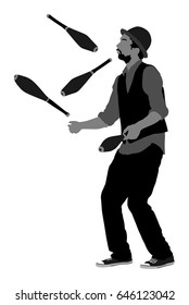 Juggler artist vector silhouette, Juggling with pins. Clown in circus jugging performs skill. Children birthday animator. Carnival attraction. Street performer acrobat public entertainment. Man skills
