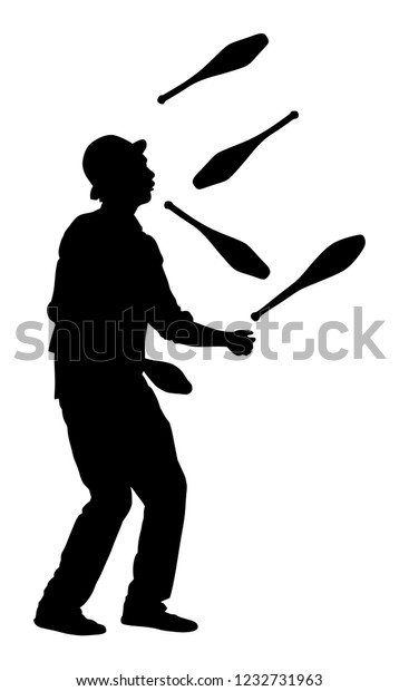 Juggler artist vector silhouette, Juggling with\
pins. Clown in circus jugging performs skill. Children birthday\
animator. Carnival attraction. Street performer acrobat public\
entertainment. Man\
skills