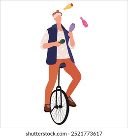 Juggler is a character in a flat style, faceless. He juggles multi-colored clubs. Isolated vector actor or artist performing in a large arena on a bicycle throwing and catching sticks while performing