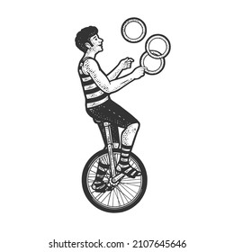 Juggler circus on unicycle sketch engraving vector illustration. T-shirt apparel print design. Scratch board imitation. Black and white hand drawn image.