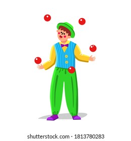 Juggler Clown Juggling Balls In Funny Suit Vector. Juggler Man Performer Throwing Tossing Red Spheres. Circus Worker Artist Character, Entertainment Leisure Time Flat Cartoon Illustration