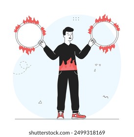 Juggler with fire rings. Man juggles with burning rings. Circus performance and show. Performer with equipment at carnival. Linear vector illustration isolated on white background