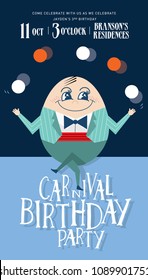 juggler humpty dumpty carnival themed birthday party invitation card