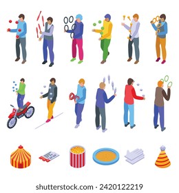 Juggler icons set isometric vector. Perform circus. Trick artist ring