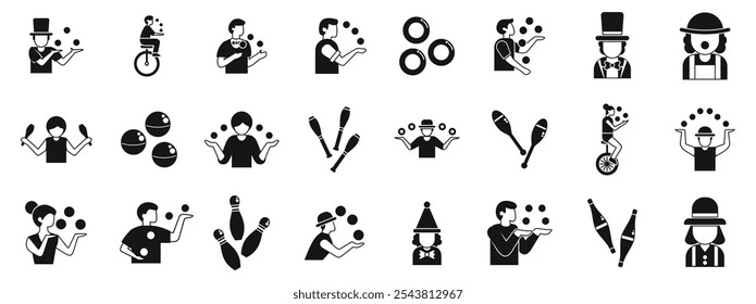 Juggler icons set. Jugglers performing with balls, clubs, rings, and bowling pins at circus show